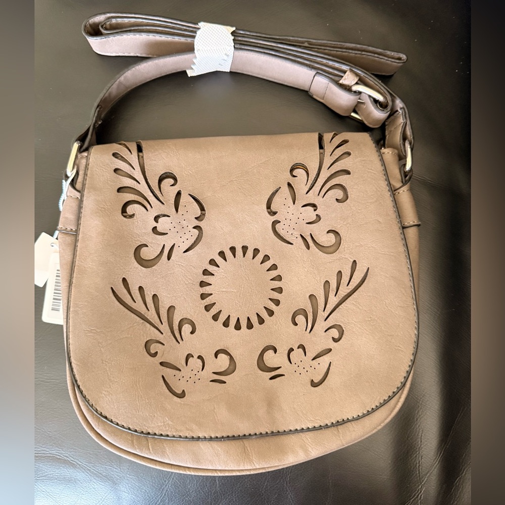 NWT Elegant Tan Laser Cut Floral Boho Saddle Crossbody Bag